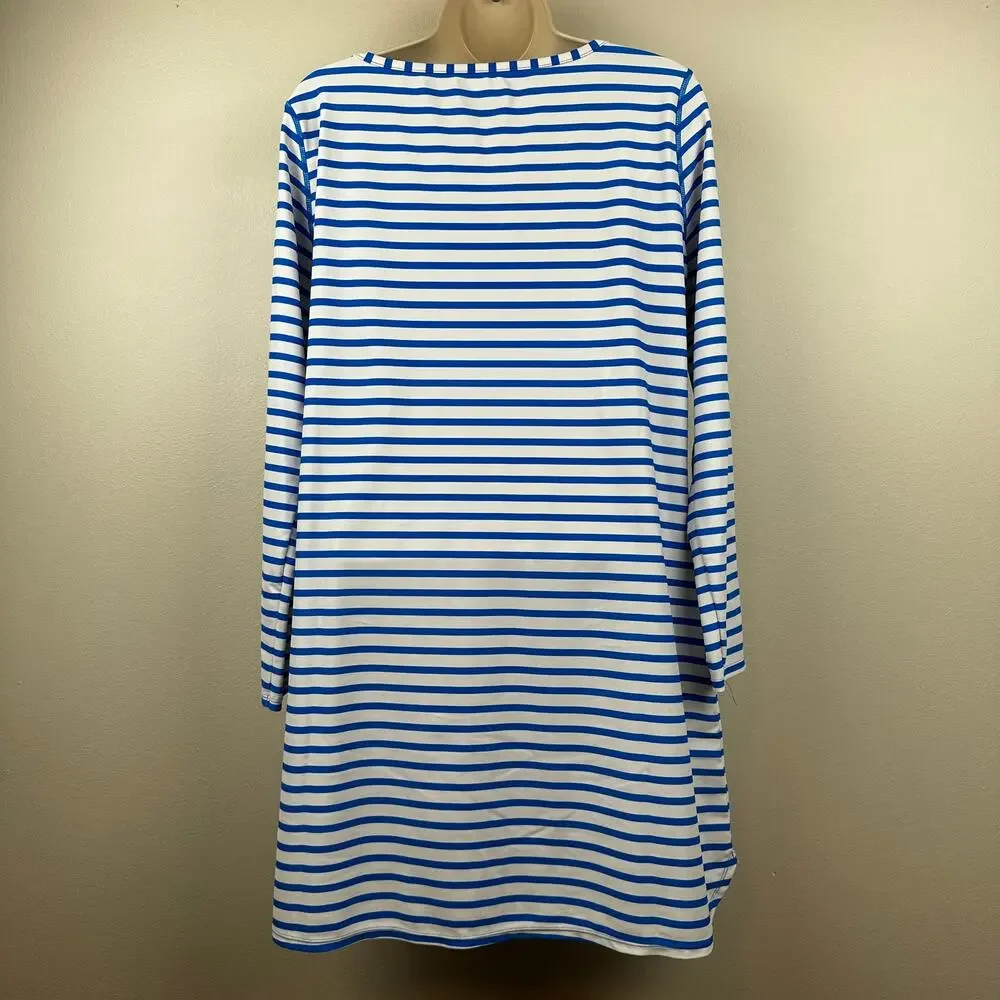 Cabana Life Zipper Swim Dress Cover Up Stripes UPF 50+ Blue White Women's Large